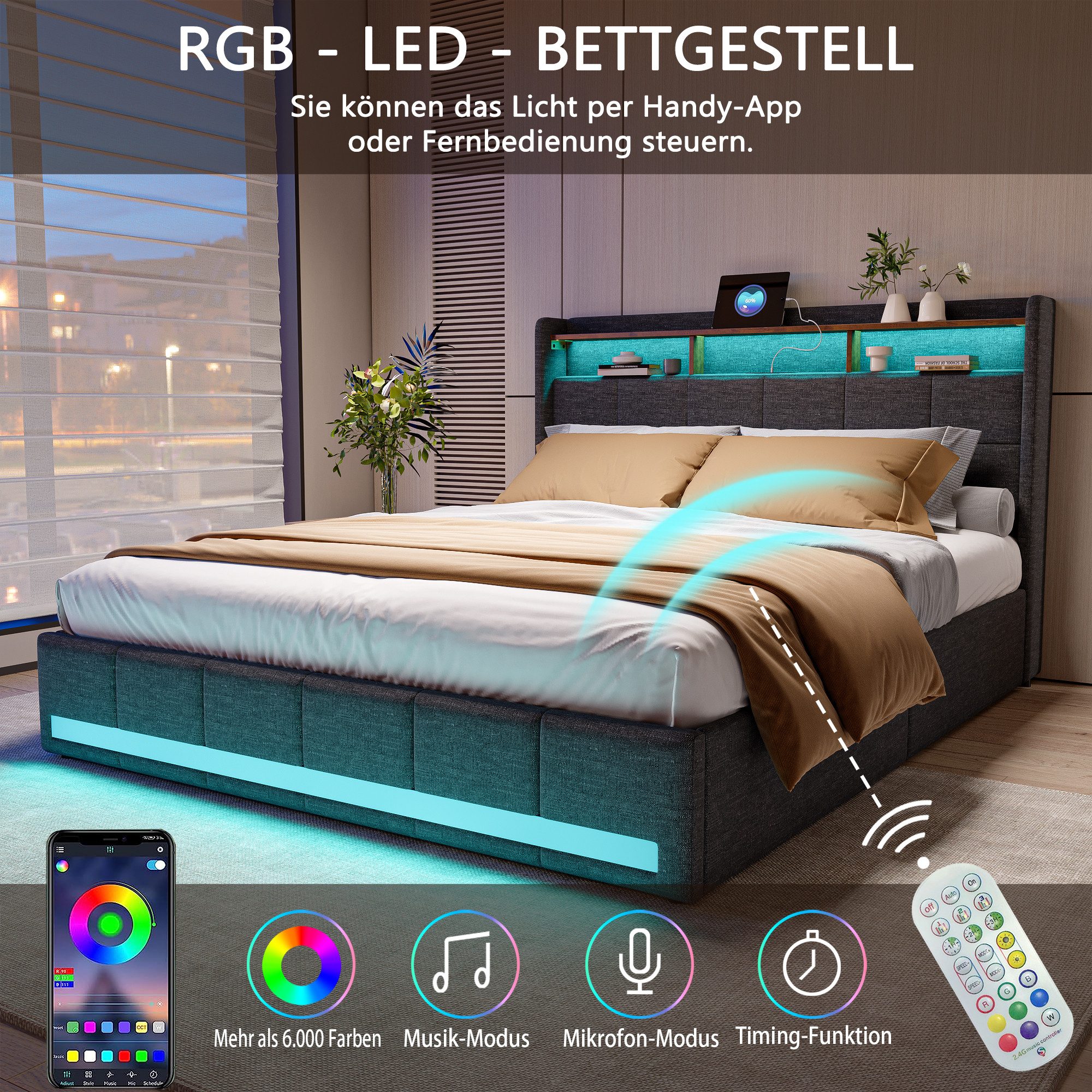 Polsterbett Doppelbett Stauraumbett Funktionbett-grau 1